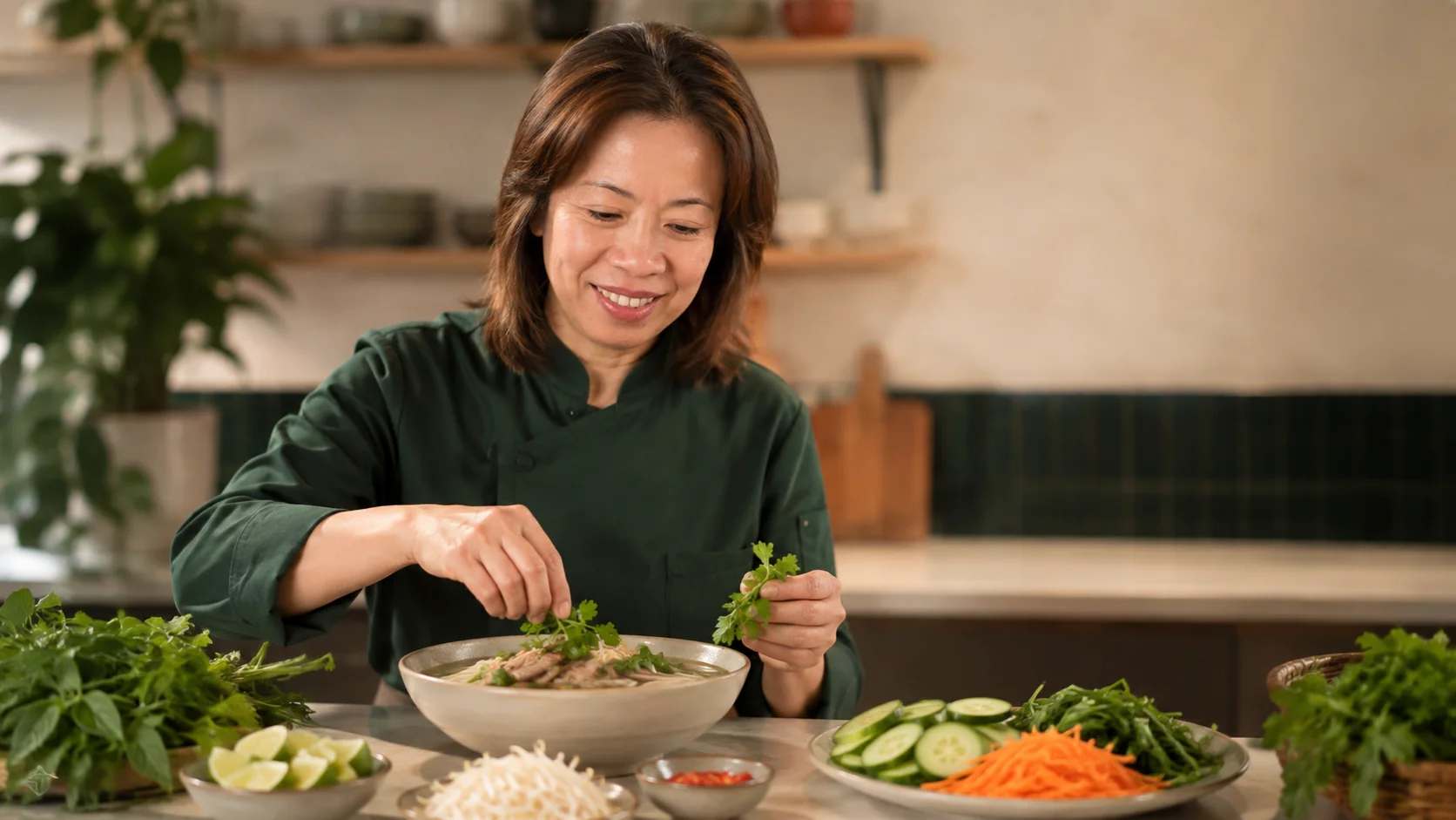 Chef Kelly finishing a bowl of pho