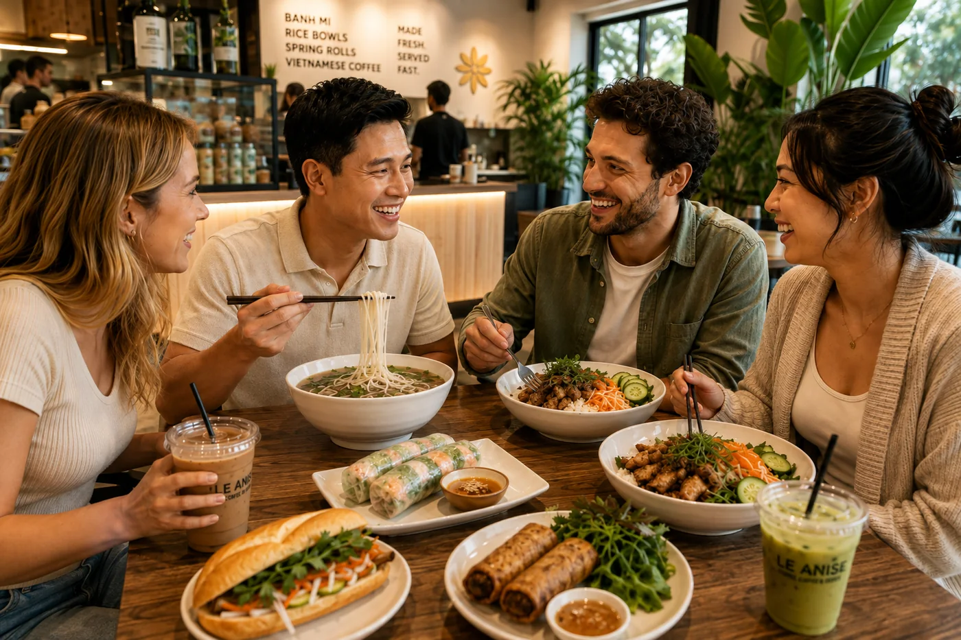 Friends sharing pho, bánh mì, and spring rolls at Le Anise
