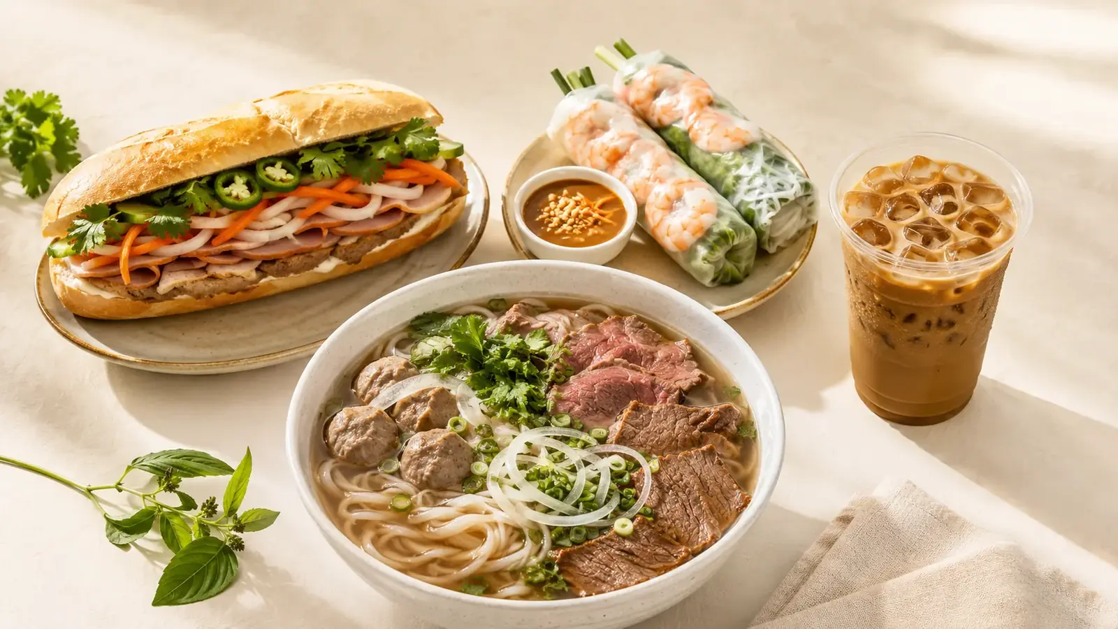Bánh mì, pho, spring rolls, and Vietnamese iced coffee
