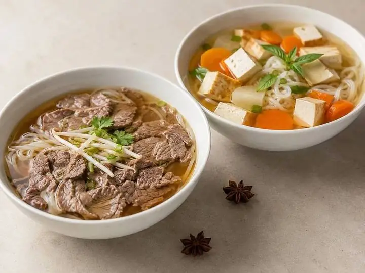 Beef pho and vegetable pho side by side